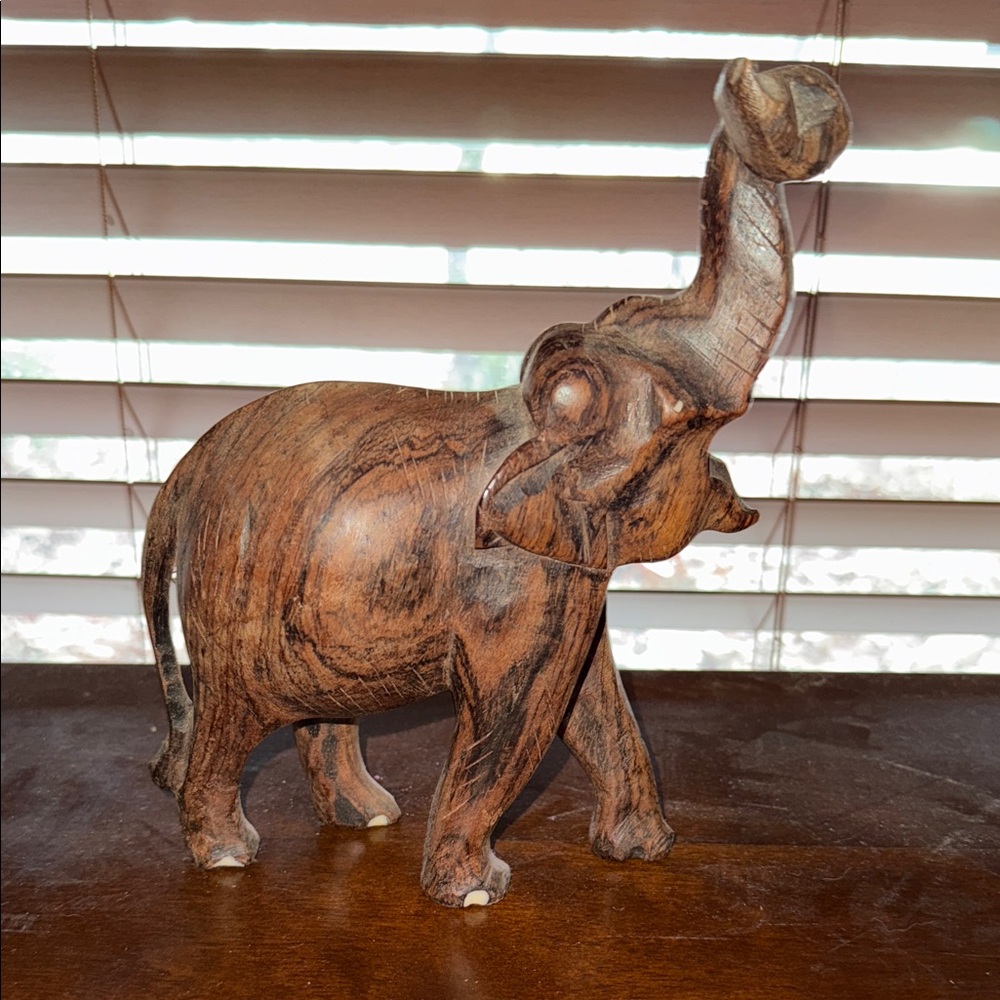 Artisan Elephant Sculpture carved wood Brown Finis vintage 8 inch